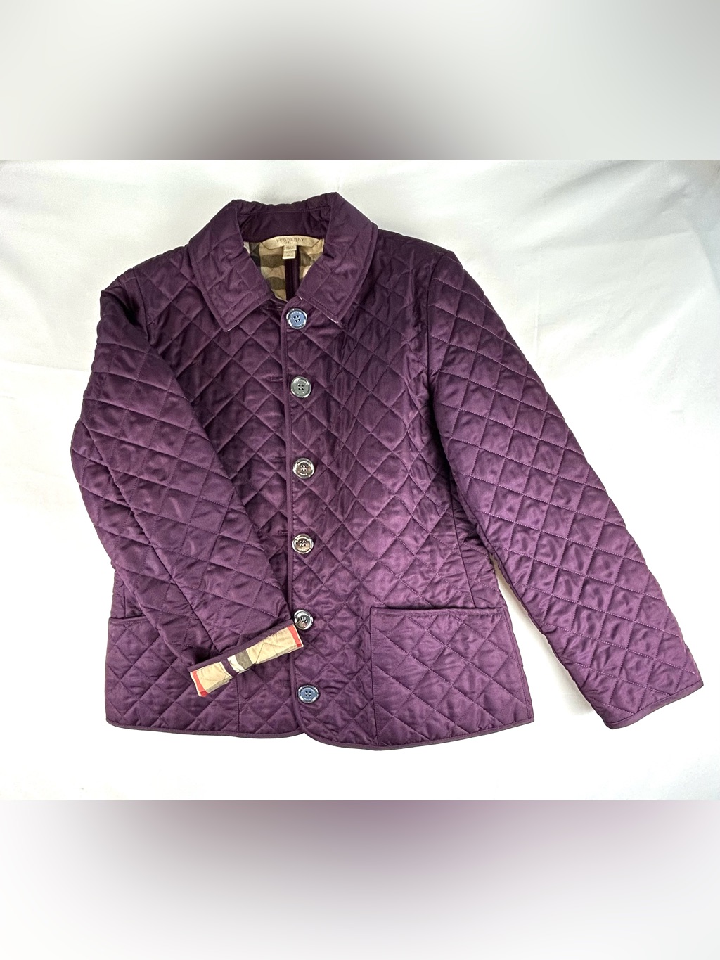 Burberry Brit Jacket Women Medium Purple Check Diamond Quilted Lightweight Coat